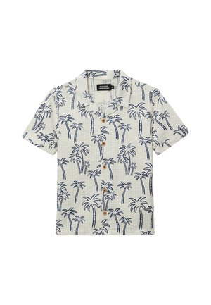 Chemise beige à manches courtes avec un motif de palmier bleu, des boutons marron sur le devant, col et style décontracté.