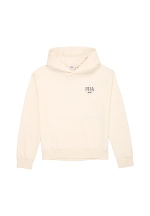Cream-colored FILA hoodie with front pocket and small black FILA Sport logo on the left chest, displayed on plain white background.