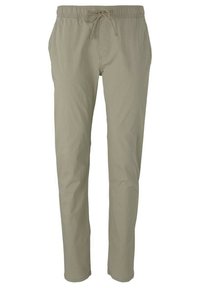 Light beige pants with an elastic waistband and drawstring, featuring a simple, straight-leg design suitable for casual wear.