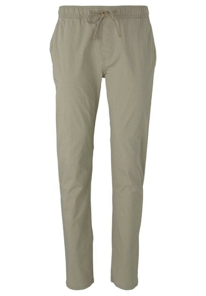 Light beige pants with an elastic waistband and drawstring, featuring a simple, straight-leg design suitable for casual wear.