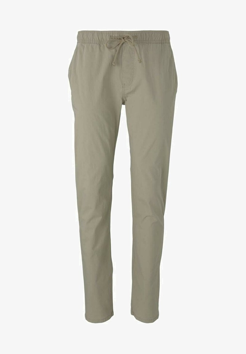 Light beige pants with an elastic waistband and drawstring, featuring a simple, straight-leg design suitable for casual wear.