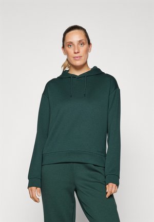 Dark green hoodie with a relaxed fit, drawstring hood, ribbed cuffs, and hem. Soft texture, paired with matching pants in the same color.