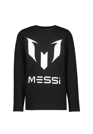 Crni dugih rukava majica od pamuka s istaknutim bijelim logotipom i tekstom "MESSi" na prednjem dijelu, s okruglim izrezom.