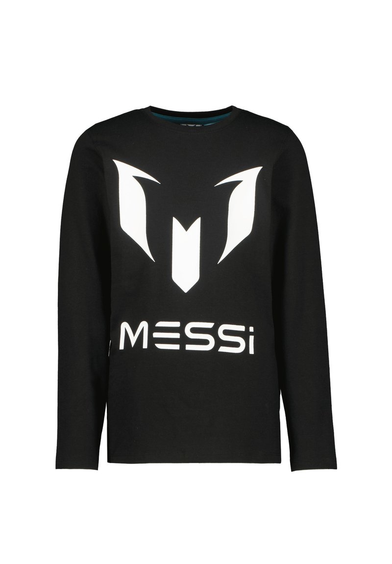 Zwarte longsleeve t-shirt van katoen met een opvallend wit logo en de tekst "MESSi" op de voorkant, met een ronde halsontwerp.
