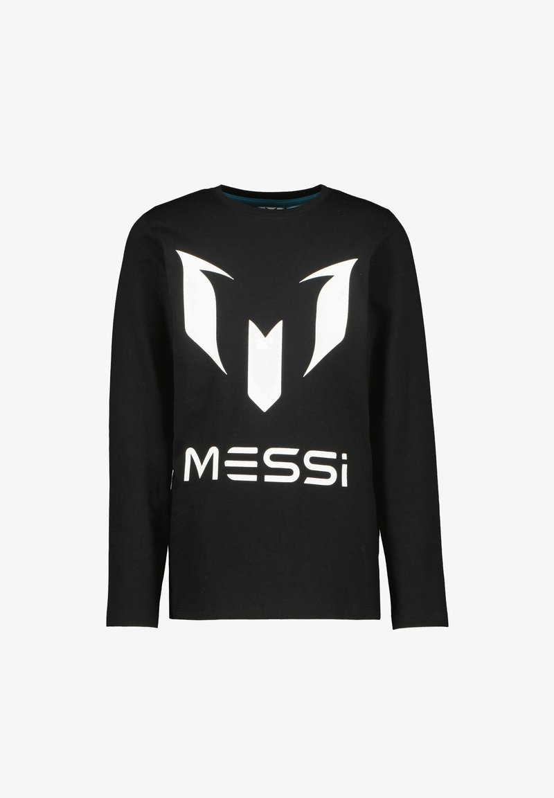 Zwarte longsleeve t-shirt van katoen met een opvallend wit logo en de tekst "MESSi" op de voorkant, met een ronde halsontwerp.