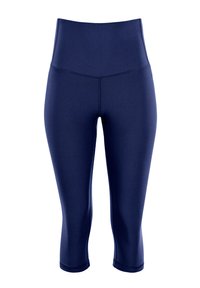 Navy blue capri leggings made of smooth, stretchy fabric with a high waistband and flat seams for comfort. No patterns or embellishments.
