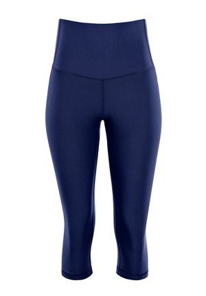 Navy blue capri leggings made of smooth, stretchy fabric with a high waistband and flat seams for comfort. No patterns or embellishments.