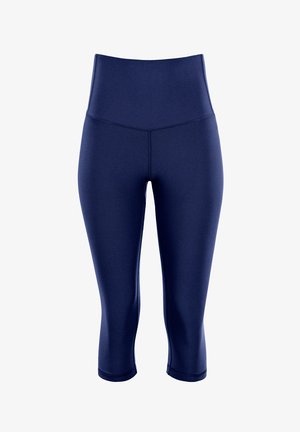 Temno modri capri leggingi iz gladkega, raztegljivega materiala z visokim pasom in ravnimi šivi za udobje. Brez vzorcev ali okrasnih elementov.