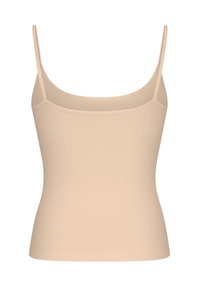 Beige dames mouwloos tanktop met dunne spaghettibandjes en een ronde halslijn, van voren getoond op een witte achtergrond.
