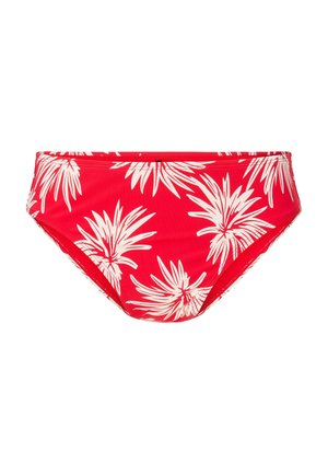 Červené bikiny s bílým tropickým vzorem listů, vyrobené z elastického materiálu, s mírným zvýšením a elastickým pasem.