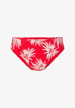 Červené bikiny s bílým tropickým vzorem listů, vyrobené z elastického materiálu, s mírným zvýšením a elastickým pasem.