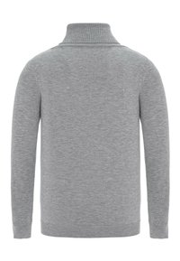 Pull gris clair à manches longues avec col et ourlet côtelés, vu de dos sur fond blanc.