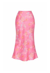 Ροζ σατέν midi φούστα με φουσκωτό τελείωμα, διακοσμημένη με πολύχρωμα αφηρημένα σχήματα, αστέρια, καρδιές και σχέδια με καμπύλες γραμμές.