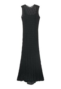 Robe de soirée en dentelle noire avec un corsage ajusté et une jupe évasée. Design sans manches, avec un col rond et une texture délicate.