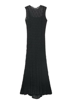 Schwarzes Spitze-Abendkleid mit taillierter Oberfläche und ausgestelltem Rock. Ärmelloses Design mit rundem Ausschnitt und zarter Textur.