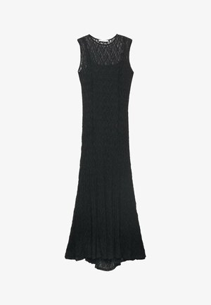Czarna koronkowa sukienka wieczorowa z dopasowanym gorsetem i rozkloszowaną spódnicą. Bezrękawowa, z okrągłym dekoltem i delikatną fakturą.