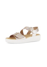 Metallische gouden sandalen met twee verstelbare gespen, een gevoerde voetbed en een witte, gestructureerde platformzool. Open teen ontwerp, met bandjes stijl.