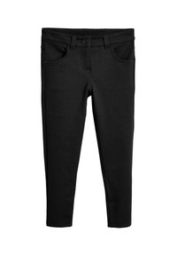 Pantaloni neri elasticizzati con vestibilità sartoriale, caratterizzati da chiusura con bottone, passanti per la cintura e cinque tasche. Texture liscia, senza motivi visibili.
