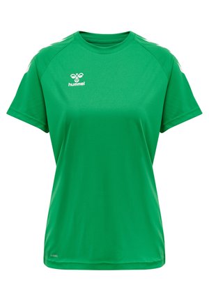 Groene sportieve T-shirt gemaakt van gladde, vochtregulerende stof. Voorzien van korte mouwen en een ronde halslijn. Hummel-logo weergegeven op de borst.