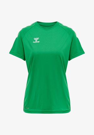 Grön atletisk t-shirt gjord av slät, fuktavvisande tyg. Har korta ärmar och rund halsringning. Hummel-logotypen är tryckt på bröstet.