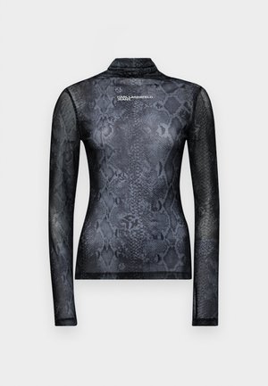 T-shirt à manches longues avec un motif en peau de serpent noir et gris. Doté d'un col montant et d'un logo dans le dos. Fabriqué à partir d'un tissu léger.