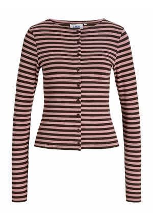 Garām piedurknēm, ar pogām aiztaisāms kardigans ar horizontālām rozā un tumši brūnām svītrām, pieguloša vidukļa daļa un apaļa kakla izgriezums.