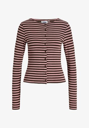 Garām piedurknēm, ar pogām aiztaisāms kardigans ar horizontālām rozā un tumši brūnām svītrām, pieguloša vidukļa daļa un apaļa kakla izgriezums.