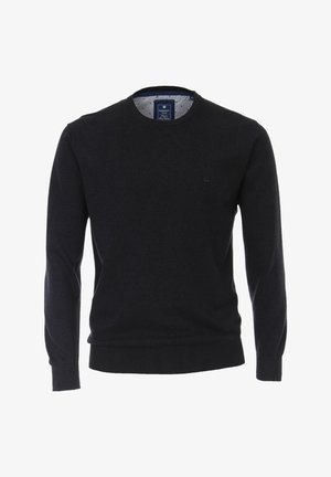 Dunkelblauer Rundhalsausschnitt-Pullover aus weichem Material, mit langen Ärmeln, gerippten Bündchen und einem kleinen Logoprint auf der Brust.