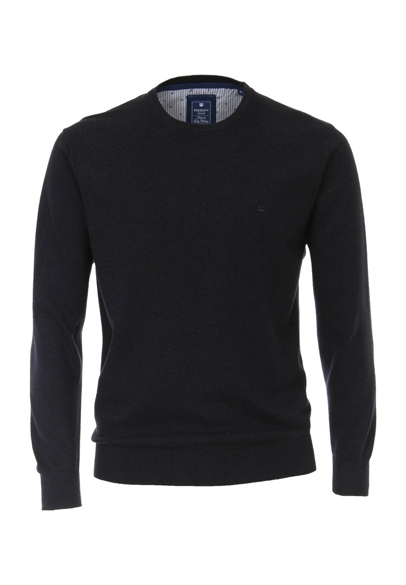 Donker marineblauwe crewneck trui van zachte stof, met lange mouwen, geribde manchetten en een klein logoaccent op de borst.