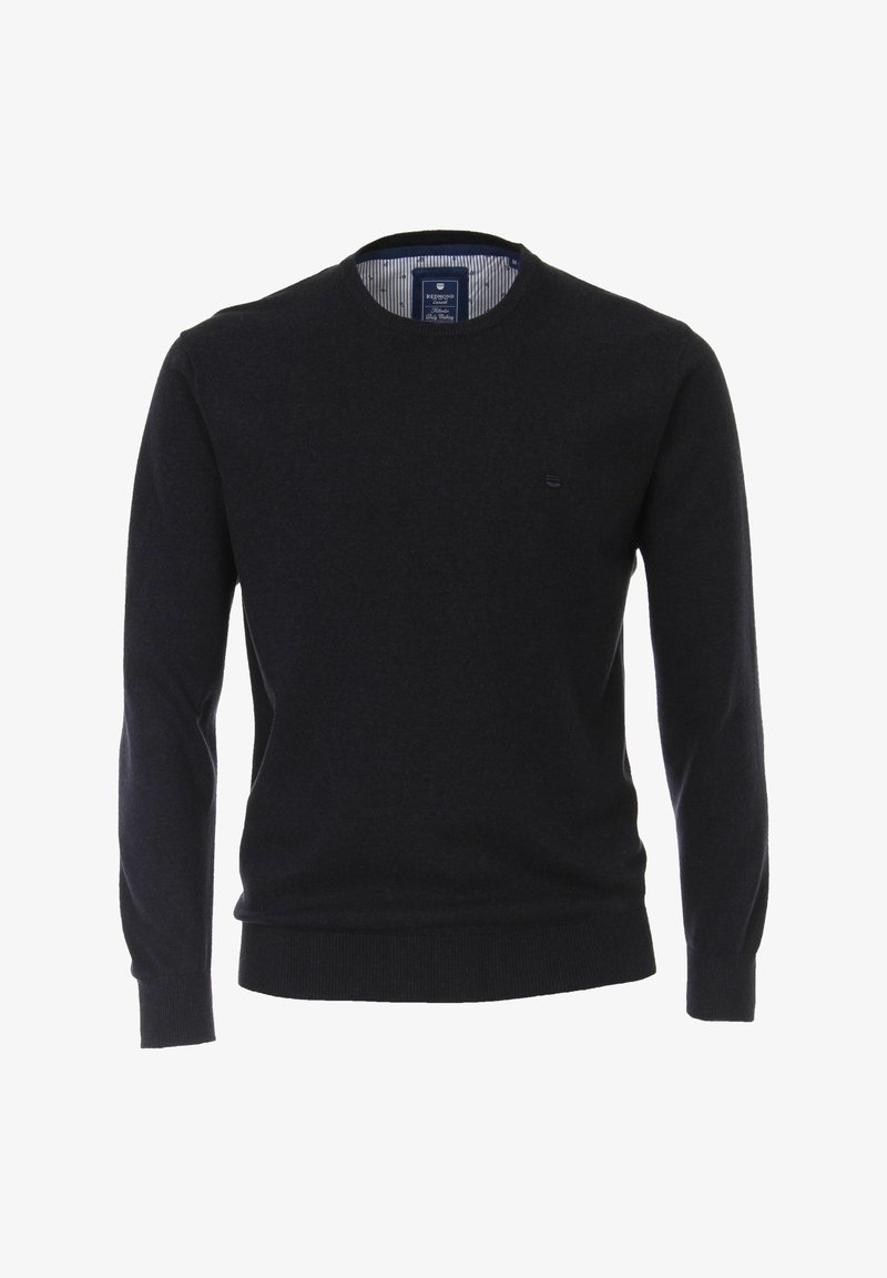 Donker marineblauwe crewneck trui van zachte stof, met lange mouwen, geribde manchetten en een klein logoaccent op de borst.