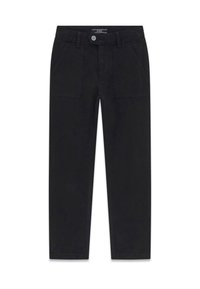Pantaloni in cotone neri con una vestibilità a gamba dritta, dotati di due tasche frontali, chiusura con bottone e una texture liscia.