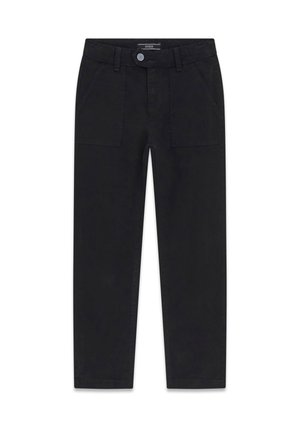 Pantaloni in cotone neri con una vestibilità a gamba dritta, dotati di due tasche frontali, chiusura con bottone e una texture liscia.