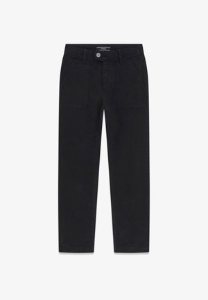 Pantaloni din bumbac negri cu croială dreaptă, având două buzunare frontale, închidere cu nasture și o textură netedă.