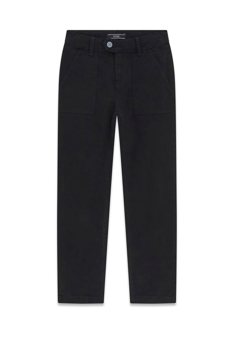 Pantaloni in cotone neri con una vestibilità a gamba dritta, dotati di due tasche frontali, chiusura con bottone e una texture liscia.