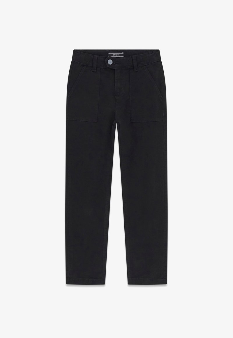 Pantaloni in cotone neri con una vestibilità a gamba dritta, dotati di due tasche frontali, chiusura con bottone e una texture liscia.