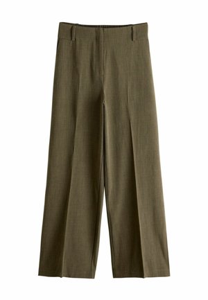 Wide-leg pants in olive green, made of textured fabric. Features a mid-rise waistband and side pockets. Clean design with no patterns.
