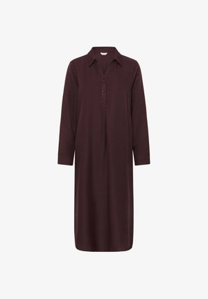 Burgundi pitkähihaine mekko, jossa on kaulus, etupainallus ja sivutaskut. Valmistettu kevyestä, tekstuurista kankaasta mukavuutta varten.
