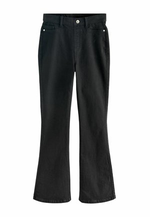 Black denim flared pants with a zip fly, button closure, two front pockets, and a smooth texture. Features subtle stitching details.