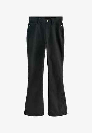 Black denim flared pants with a zip fly, button closure, two front pockets, and a smooth texture. Features subtle stitching details.