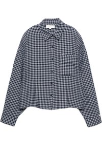 Camicia button-up a maniche corte in una fantasia a quadri blu navy e bianca, con colletto a punta e una tasca sul petto. Tessuto in cotone con una texture morbida.