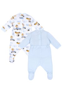 Två babydressar: en mönstrad med bilar och ansikten i blått, gult och vitt; den andra i enfärgad ljusblå med tryckknappar.