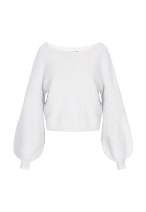 Suéter corto de punto blanco con amplio escote barco y voluminosas mangas largas tipo globo que terminan en puños ajustados.