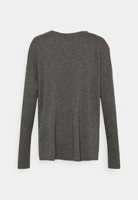 Dunkelgrauer Strickpullover mit langen Ärmeln, Rundhalsausschnitt und gerippter Textur. Rückansicht zeigt eine lockere Passform und Nahtdetails.