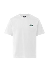 Camiseta de algodón blanca con un pequeño logotipo verde en el lado izquierdo del pecho. Diseño clásico de cuello redondo con mangas cortas. Textura suave.
