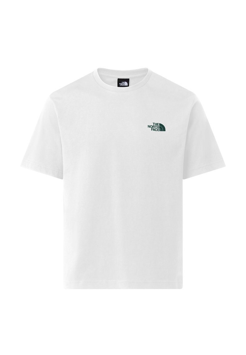 Weißes Baumwoll-T-Shirt mit kleinem grünem Logo auf der linken Brust. Klassisches Design mit Rundhalsausschnitt und kurzen Ärmeln. Glatte Textur.