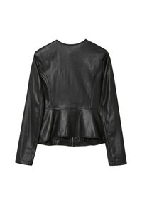 Giacca in ecopelle nera con maniche lunghe, dettagli delle cuciture, vita a peplum e chiusura con zip sul retro, mostrata di spalle.