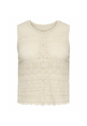 Hihaton kermaa oleva virkattu neuleliivi, jossa aaltoilevat reunat ja edessä napillinen kiinnitys, koristeltu yksityiskohtaisilla pitsimäisillä kuvioilla.