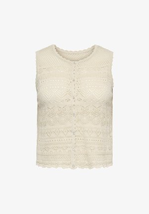 Sleeveless cream crochet knit vest with scalloped edges and front button closure, featuring intricate lace-like patterns.