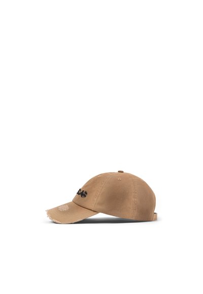 Brown baseball cap with a curved brim, distressed front, and black logo embroidered on the side. Cotton material with textured finish.