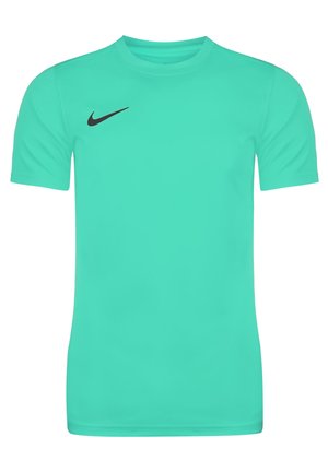 Licht turquoise Nike sportshirt met korte mouwen en zwart Swoosh-logo op de rechterborst, ronde hals en een eenvoudig ontwerp.
